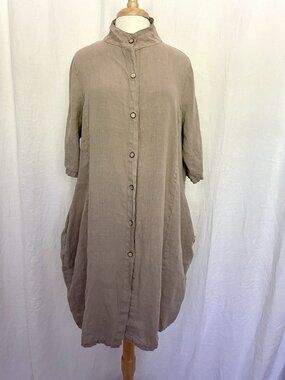 Focus Casual Life 100% Linen Mandarin Collar Dress Taupe Pockets size Medium